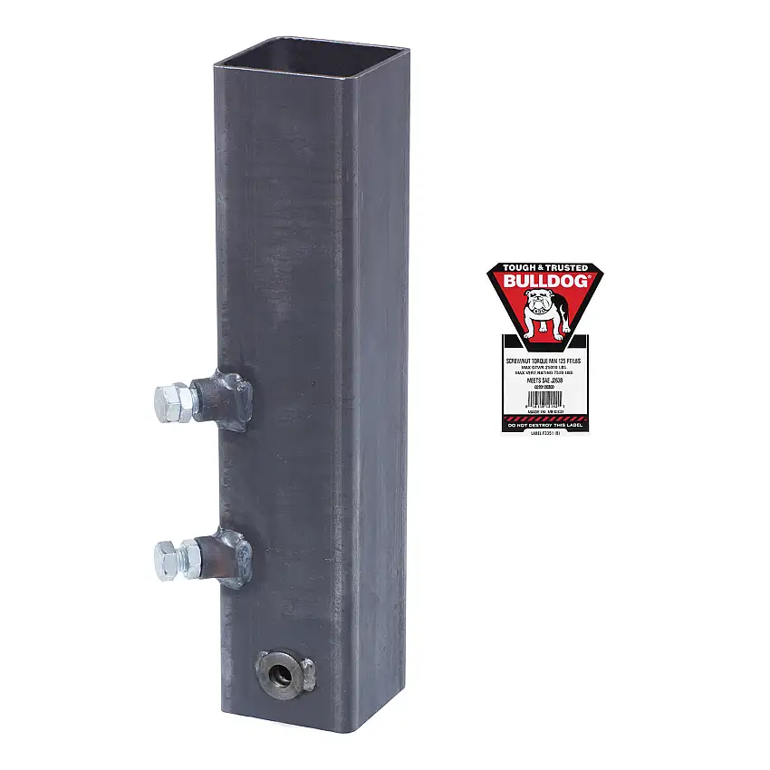 Bulldog Coupler Accessory, Gooseneck Coupler Outer Tube, Square, Weld On , 20 in. Length, 4-1/2 in. Tube, w/Hex Head Bolt Hole, Dual Set Bolts & Labels