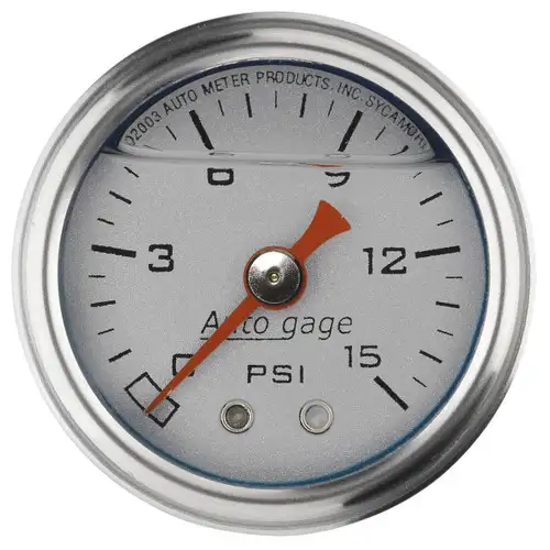 AutoMeter GAUGE, PRESS, 1.5" DIRECT MNT, 15PSI, LIQUID FILLED MECH, SLVR, 1/8" NPTF MALE 2178