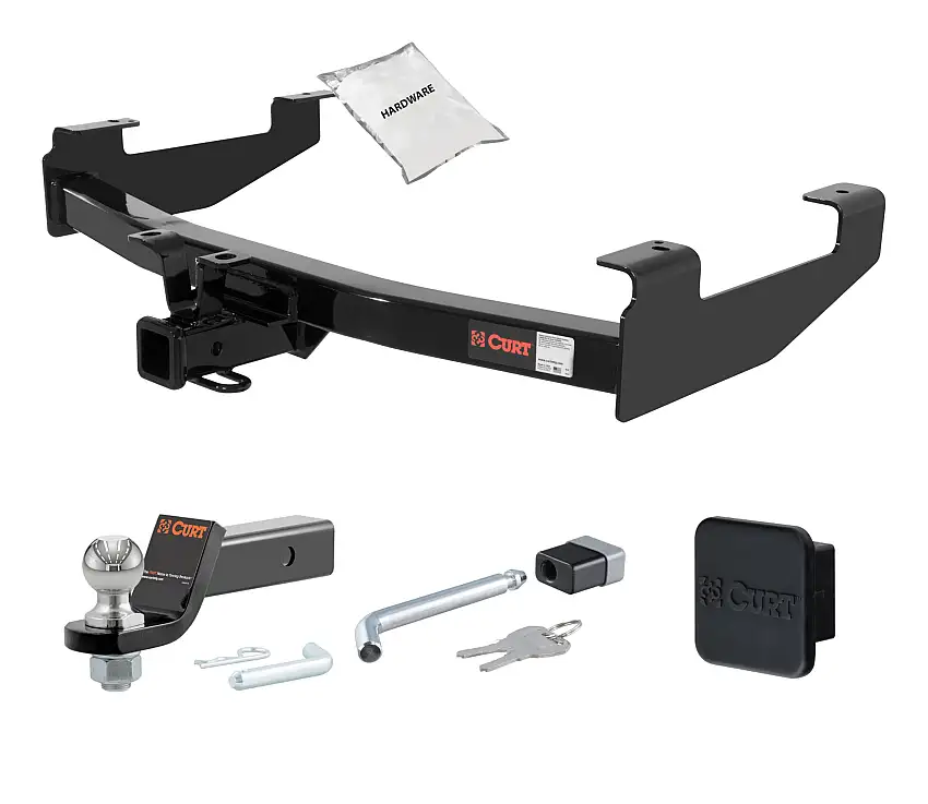01 - 10 Chevrolet Silverado 2500 HD 8' bed, excluding factory receiver, Tommy Gate lift or cab & chassis 2in. CURT Trailer Hitch + Ball Mount + Cover + Lock Kit HWA490