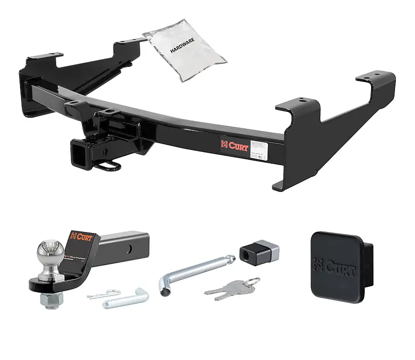 01 - 06 GMC Sierra 3500 8' bed, excluding factory receiver, Tommy Gate lift, 10" drop bumper and cab & chassis 2in. CURT Trailer Hitch + Ball Mount + Cover + Lock Kit HWA1244