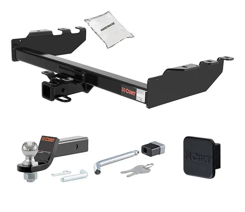 01 - 06 Chevrolet Silverado 1500 HD Excluding roll pan bumper, Tommy Gate lift or 10" drop bumper 2in. CURT Trailer Hitch + Ball Mount + Cover + Lock Kit HWA435