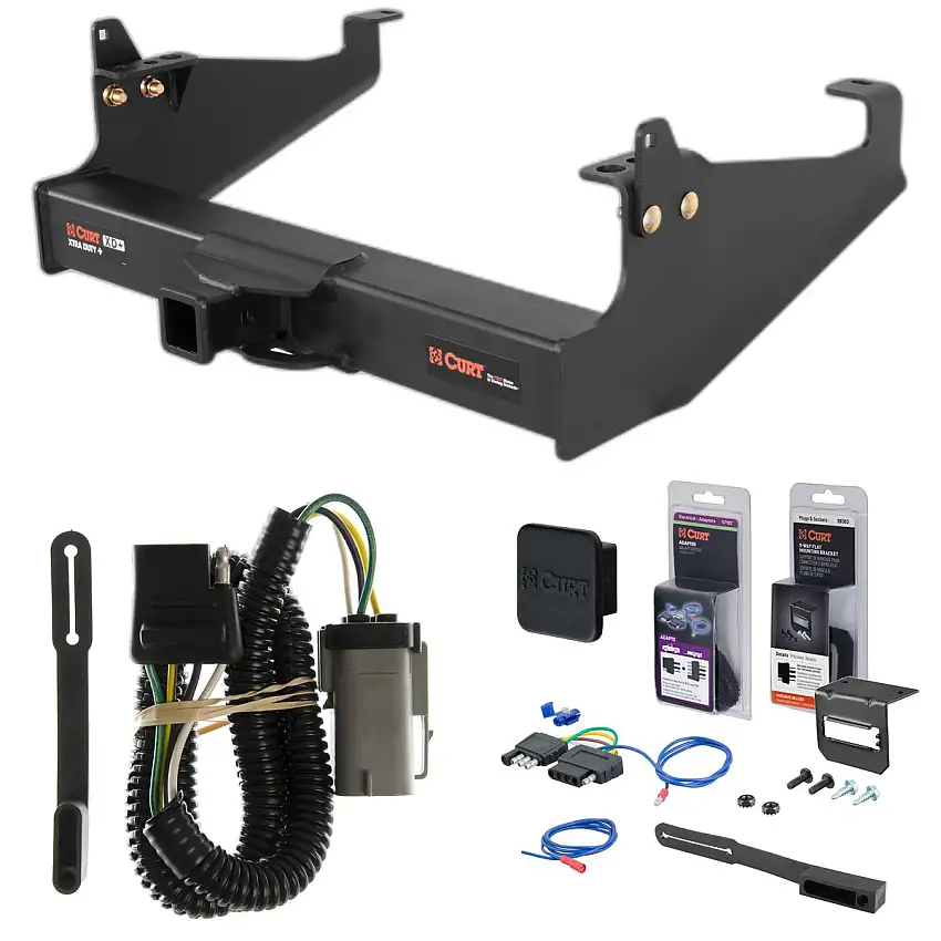 02 - 04 Ford F-350 Super Duty Cab & chassis with 34" frame width (O.D.) Curt 2" Class 5 Trailer Tow Hitch + 5-Flat Wiring Kit Tow Boat/Utility Trailer with Surge Brakes 15445