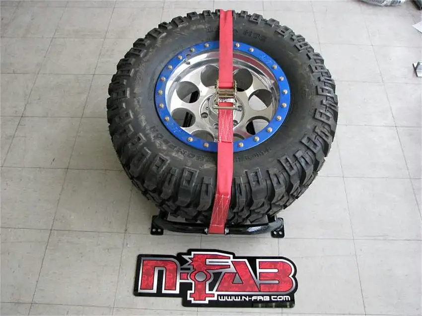 N-FAB BM1TCRD Gloss Black Bed Mounted Tire Carrier w/ Red Strap