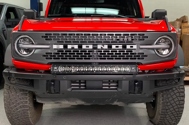2021-2025 Ford Bronco Grimm & RIGID Steel Front Bumper 30 inch Light Bar Mount Kit with RIGID 30 inch Radiance+ Amber Backlight LED Light Bar | BRONCBUMP30RAD