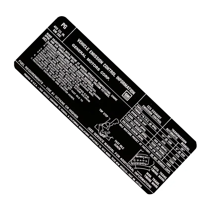 1972 Pontiac 400-4bbl Emissions Decal, Ea