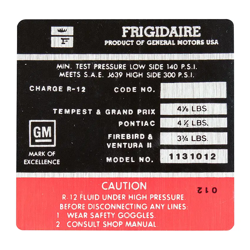 1972 Pontiac Only Frigidaire Air Conditioner Compressor Decal