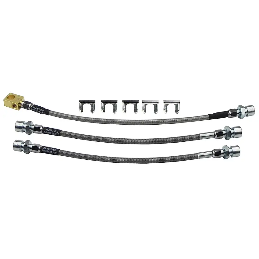 Stainless Flex Hoses - 1966-67 GM A-Body GTO/Lemans - Front DIsc 4 Piston Calipers/Rear Drum, 3 Hose Kit, 8pc